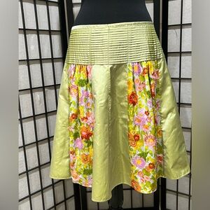 SAGE GREEN AND FLORAL POLY, SILK SKATERS SKIRT, BOHO, FESTIVE, SIZE L